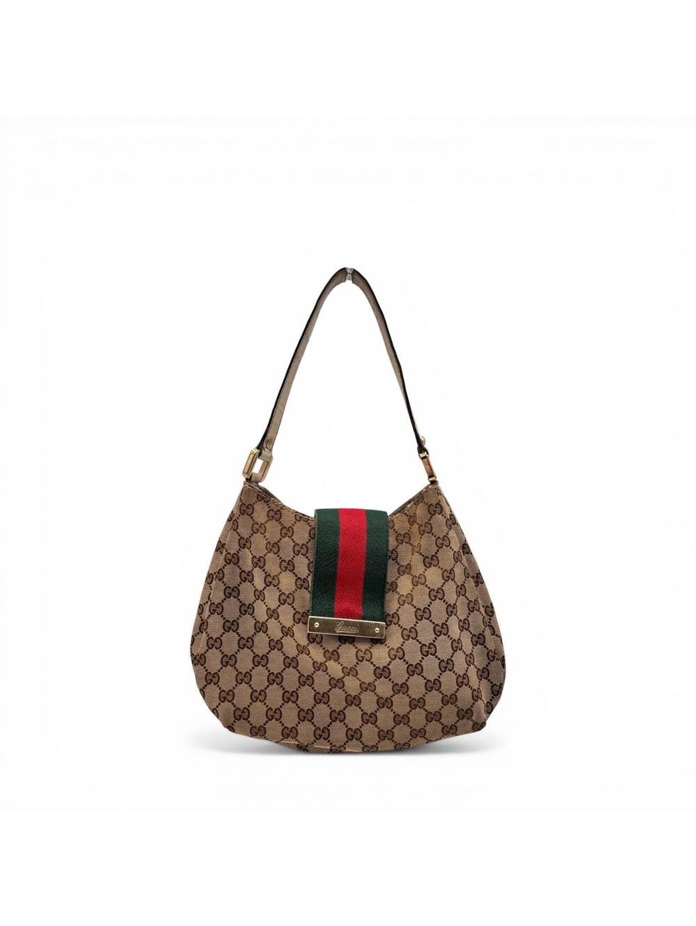 Gucci GG Canvas Web Sherry Line Shoulder Bag Beige Red Green
